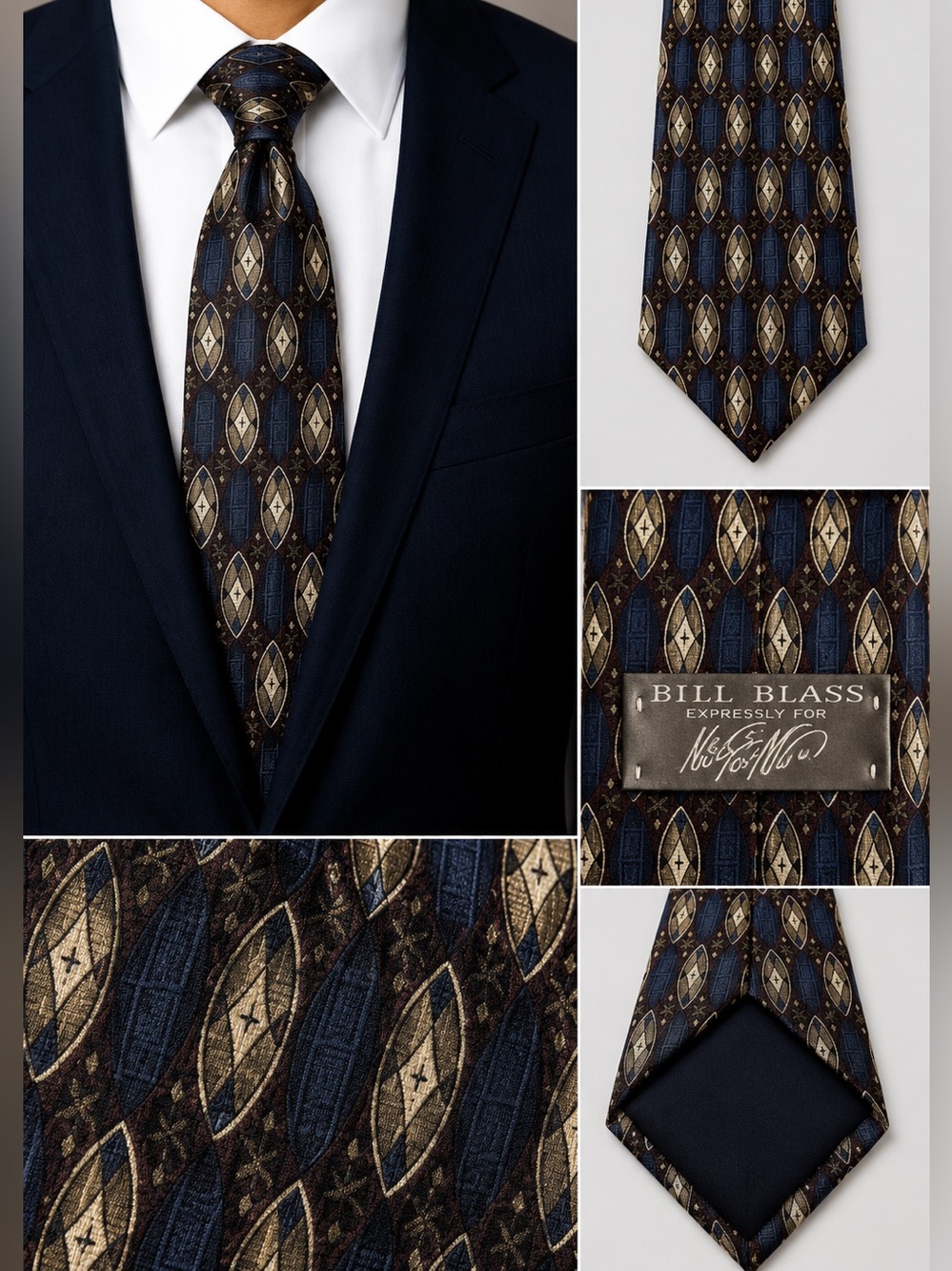 Bill Blass Blue and Gold Geometric Tie